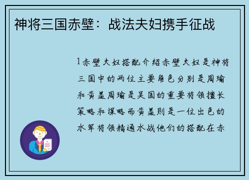 神将三国赤壁：战法夫妇携手征战