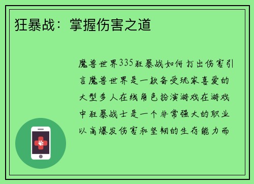 狂暴战：掌握伤害之道